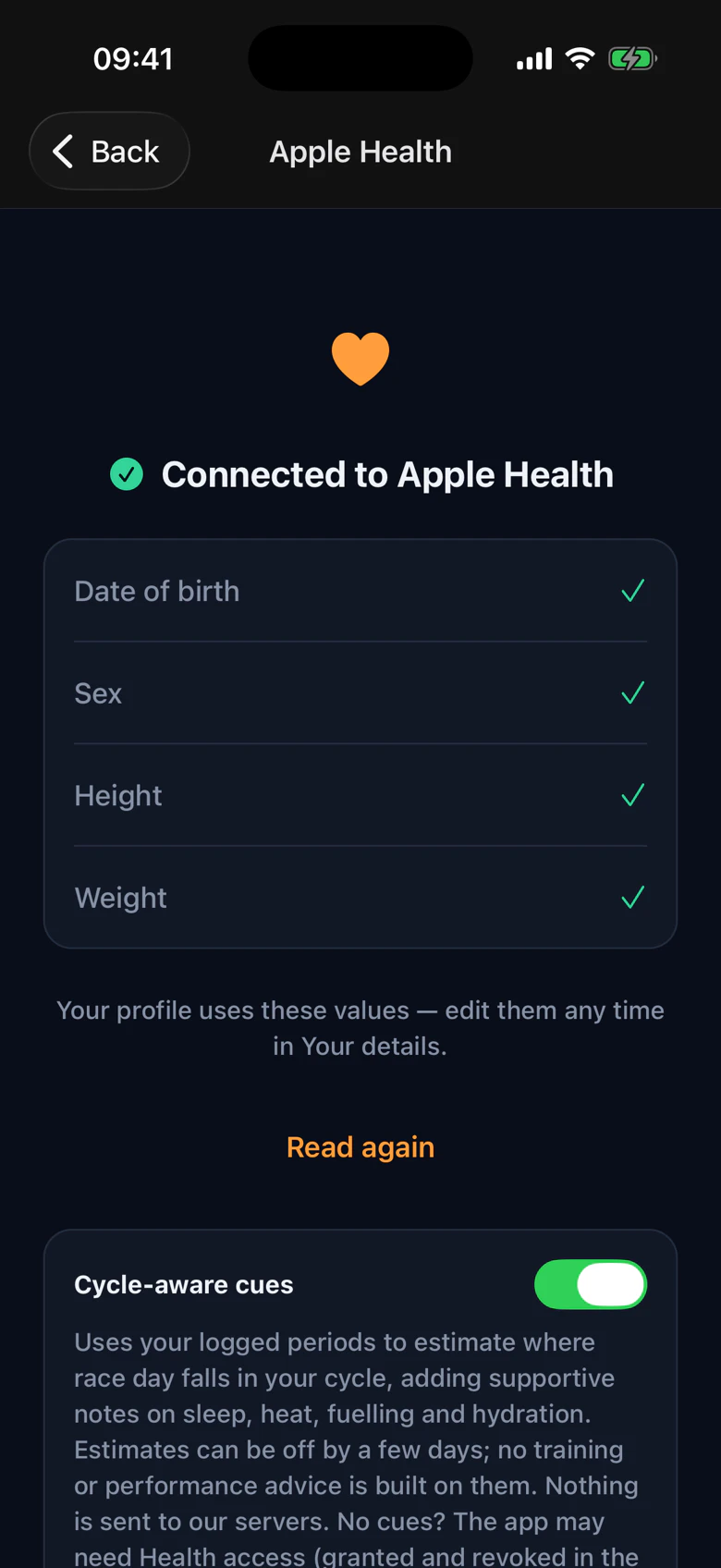 Apple Health connected: date of birth, sex, height and weight read in, and a separate cycle-aware cues switch