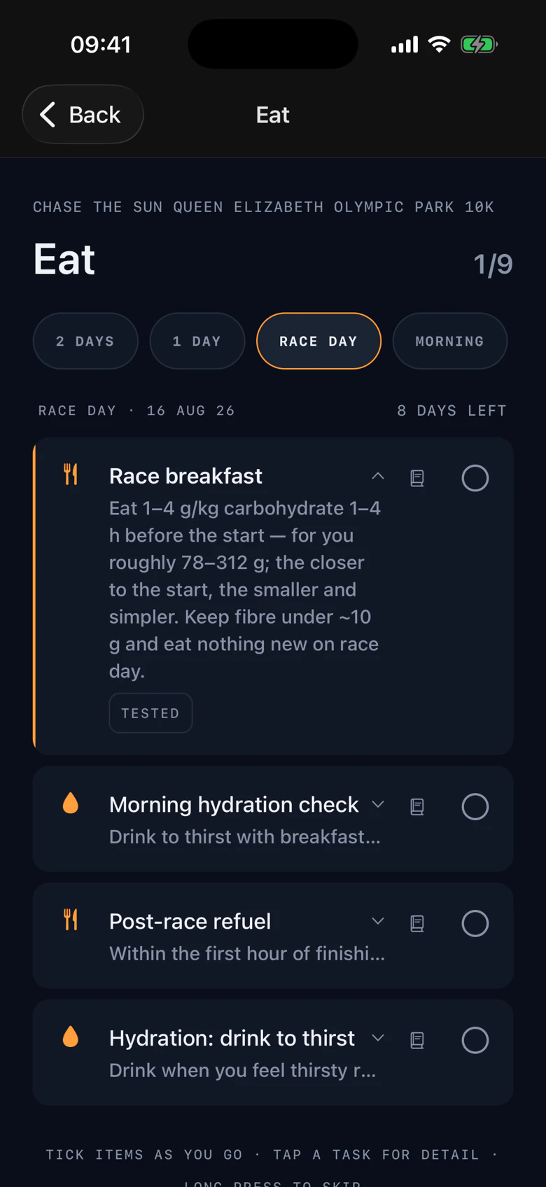 An expanded race-breakfast task: carbohydrate worked out for the athlete's own weight, with a tested-in-training tag