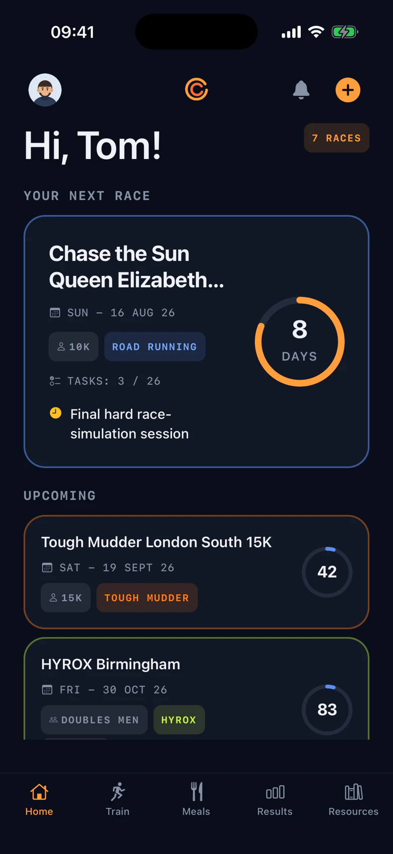 CompeteCue dashboard: a countdown ring showing 8 days to the next race, task progress, and the single next action to take