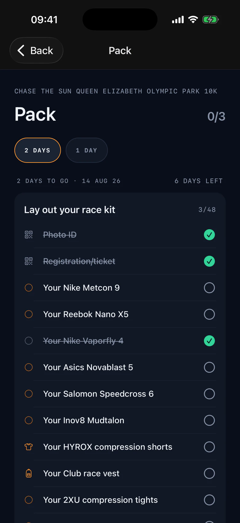 A packing list naming the athlete's own kit — Nike Vaporfly 4, club race vest — with items ticked off