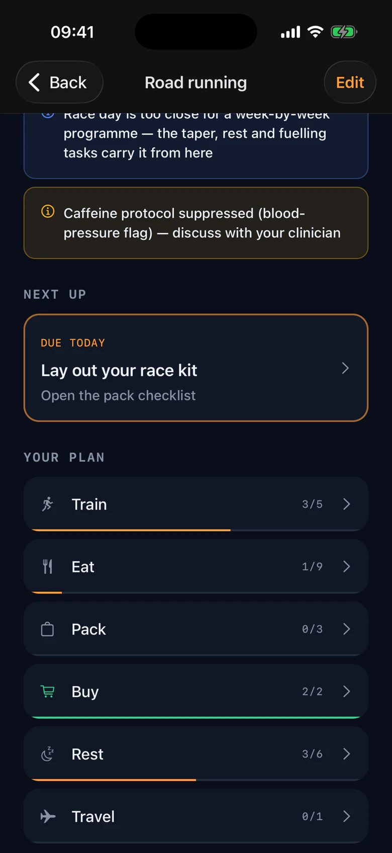 A race-week plan led by an amber card: caffeine protocol suppressed for a blood-pressure flag, discuss with your clinician — above the day's checklists