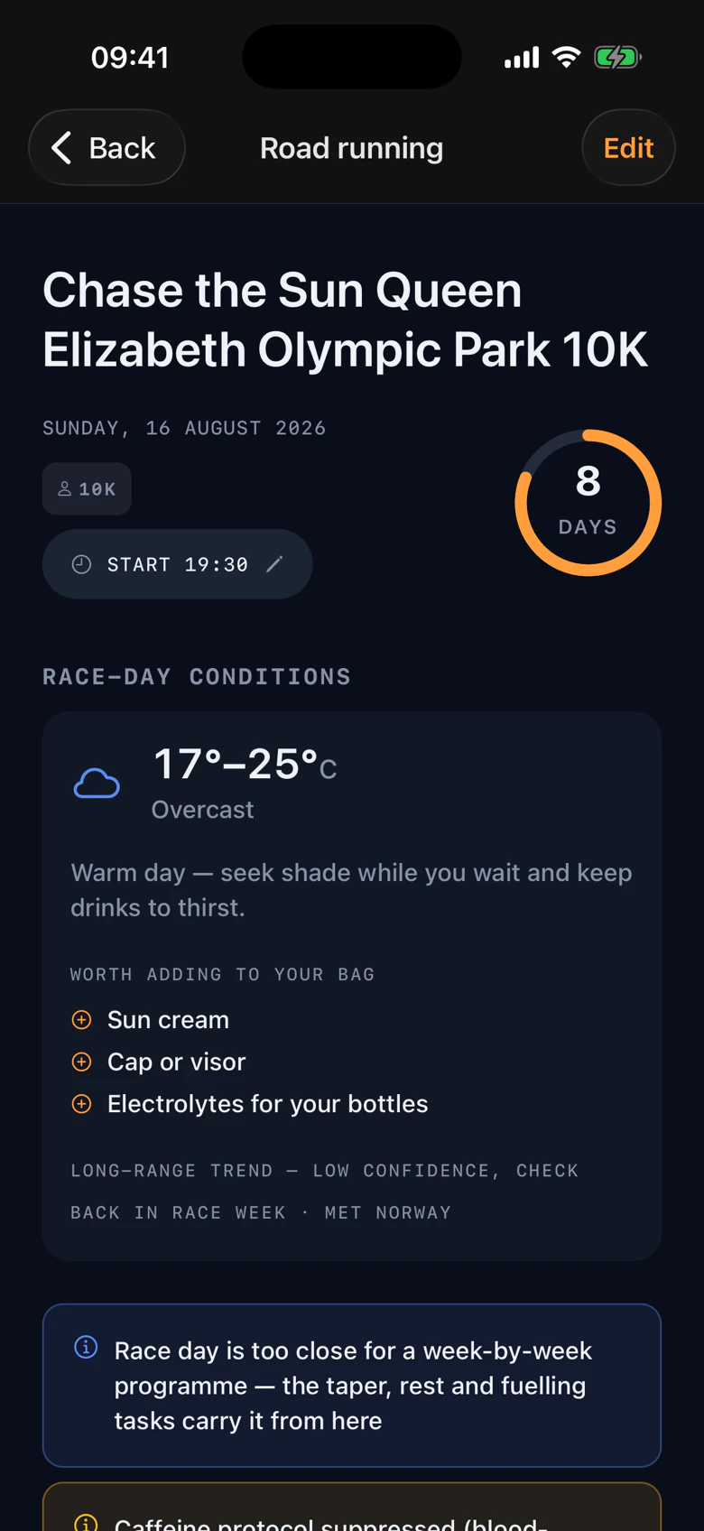 Race-day conditions with packing suggestions for a warm day