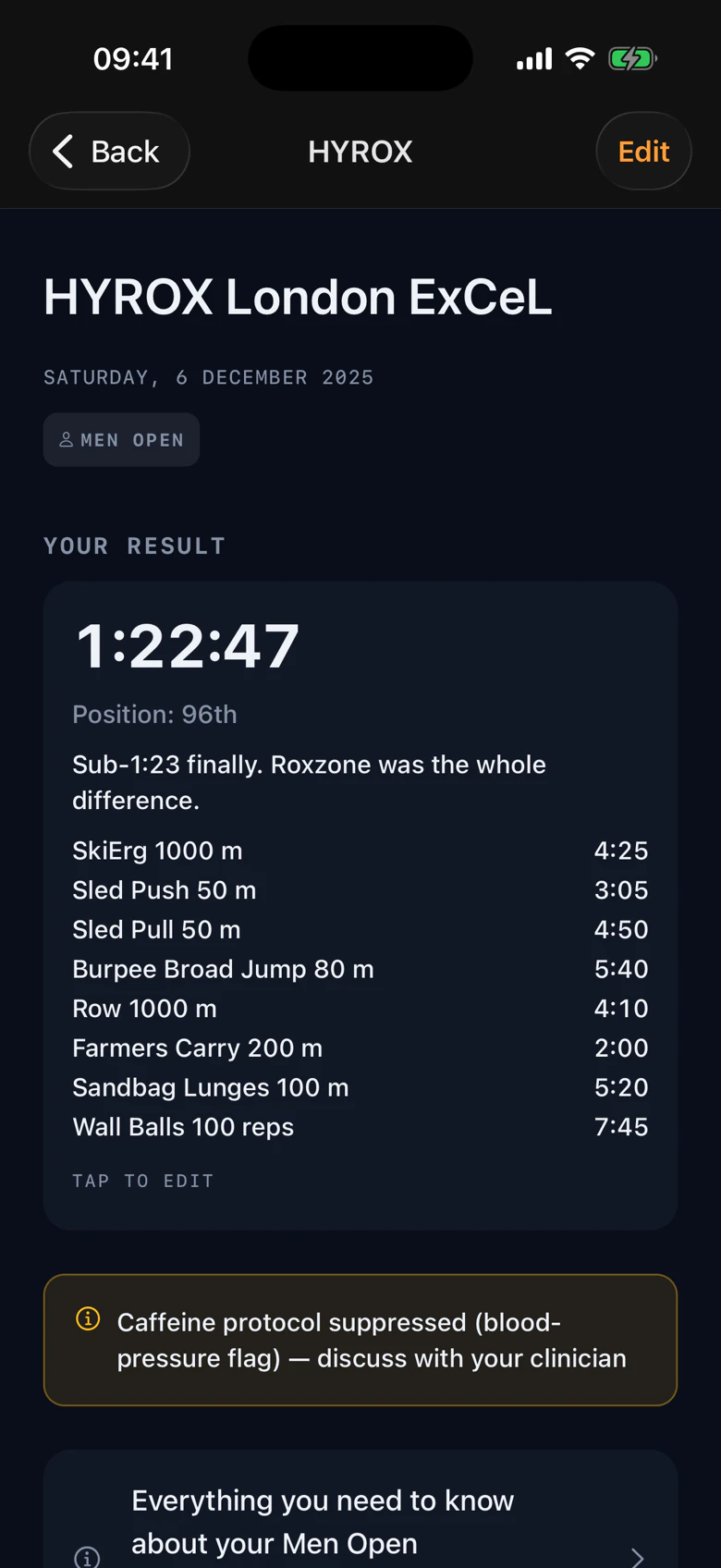 A logged HYROX result: 1:22:47 with all eight station splits recorded