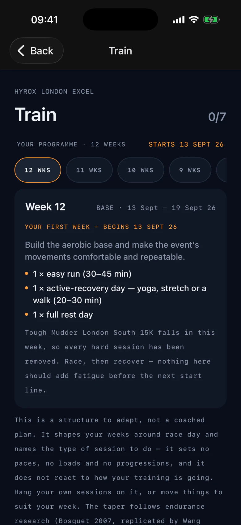 A twelve-week training block counting down, with hard sessions removed from the week another race lands in