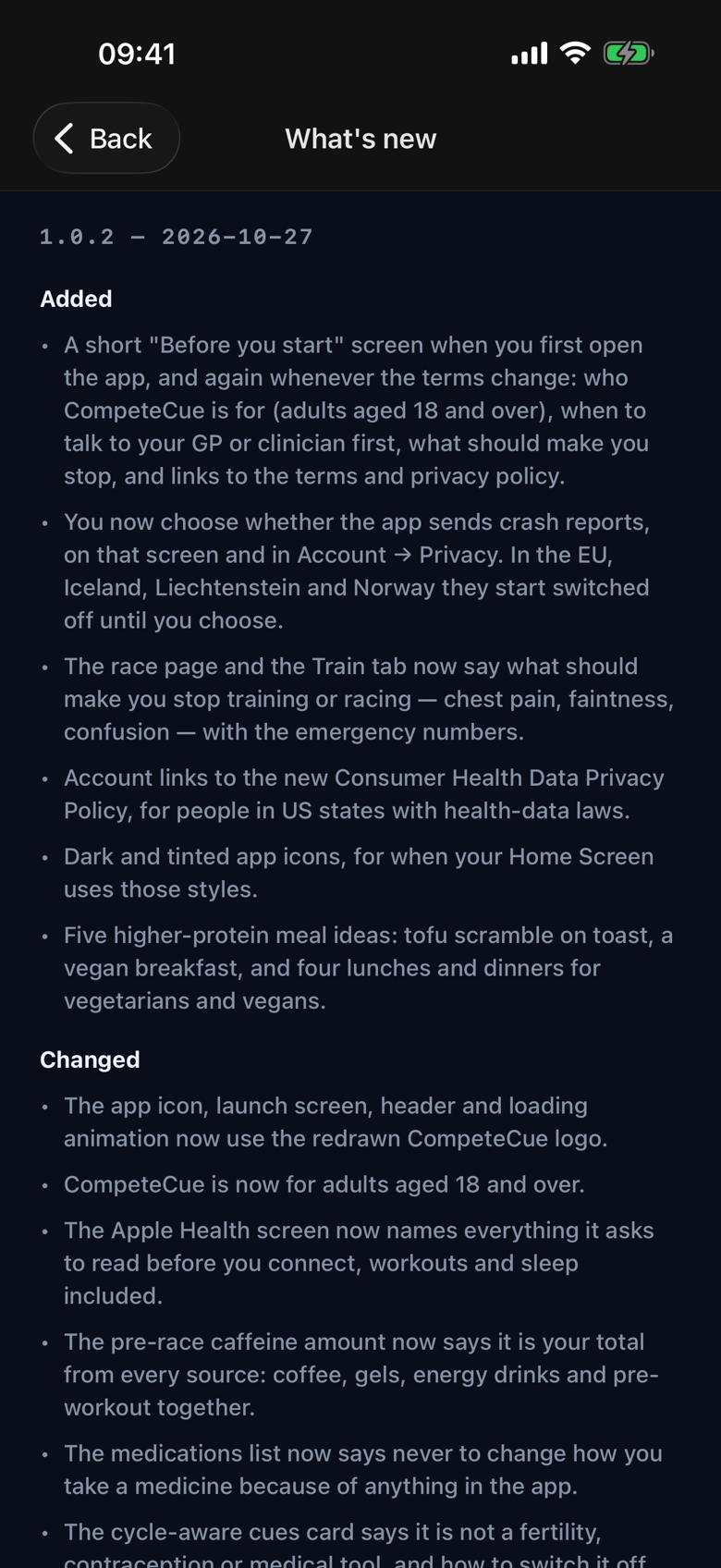 The What's new screen inside the app, headed 1.0.2: the Before you start screen, a choice about sending crash reports, when to stop training or racing, dark and tinted app icons, and five higher-protein meal ideas, in plain words